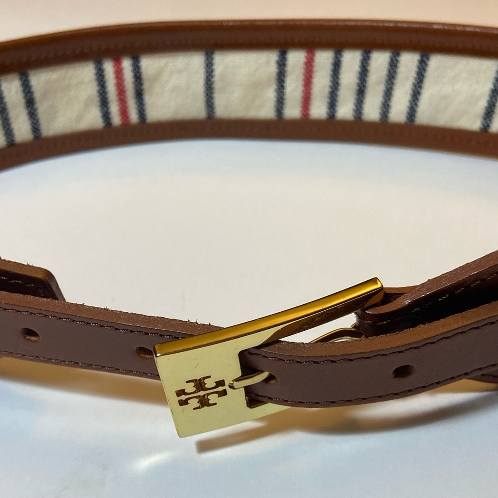 TORY BURCH Dash Belt  Multicolor, Striped Canvas Tan Leather Trim XXS $185